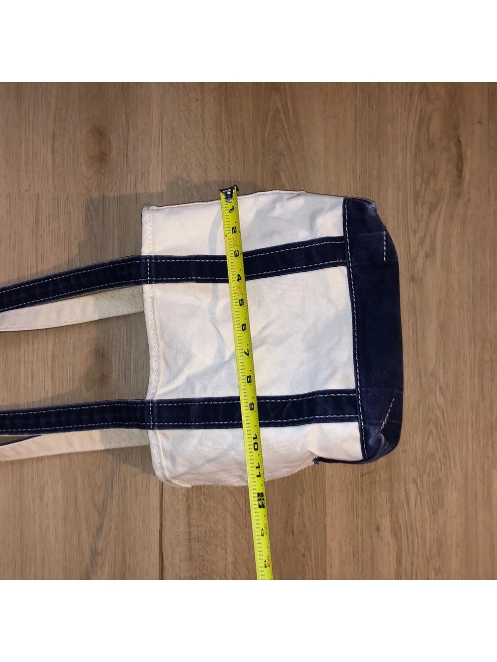 VINTAGE LL BEAN BOAT & TOTE WHITE CREAM NAVY BLUE CANVAS BAG SMALL LONG HANDLES